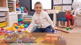  Presentation with dinosaur - PPT theme featuring adorable-caucasian-boy-playing background and a coral colored foreground