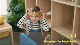  Presentation with king crown - Presentation theme enhanced with adorable-caucasian-boy-smiling-confident background and a violet colored foreground