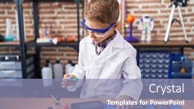  Presentation with molecules - PPT theme enhanced with adorable-caucasian-boy-student-holding background and a light blue colored foreground