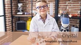  Presentation with molecules - PPT theme featuring adorable-caucasian-boy-student-writing background and a coral colored foreground