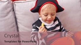  Presentation with pirate - Presentation theme having adorable-caucasian-boy-wearing-pirate background and a coral colored foreground