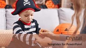  Presentation with pirate - Presentation design enhanced with adorable-caucasian-boy-wearing-pirate background and a coral colored foreground