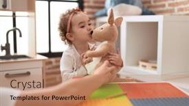  Presentation with kangaroo - Presentation theme featuring adorable-caucasian-girl-kissing-kangaroo background and a coral colored foreground