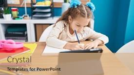  Presentation with student writing - Slide deck consisting of adorable-caucasian-girl-student-using background and a coral colored foreground