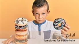  Presentation with upset - Presentation theme with adorable-caucasian-kid-eating-doughnuts background and a coral colored foreground