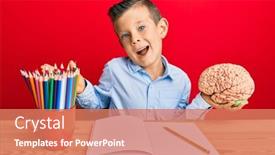  Presentation with achievement - Cool new PPT theme with adorable-caucasian-kid-holding-brain backdrop and a coral colored foreground