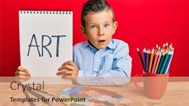  Presentation with art historical painting - PPT theme with adorable-caucasian-kid-painter-sitting background and a coral colored foreground