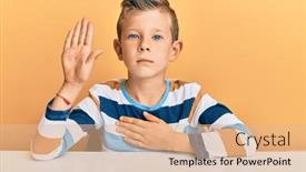  Presentation with hand palm - Theme enhanced with adorable-caucasian-kid-wearing-casual background and a coral colored foreground