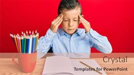  Presentation with migraine - Cool new slide deck with adorable-caucasian-kid-writing-book backdrop and a coral colored foreground