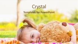  Presentation with baby bear - Cool new theme with adorable child resting on backyard in spring time baby girl laying down on green field with teddy bear having fun outdoors happy childhood concept backdrop and a lemonade colored foreground