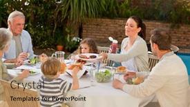 Presentation with eating - Amazing PPT theme having adorable family eating in the garden backdrop and a coral colored foreground