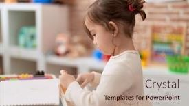  Presentation with paper cutting - PPT theme consisting of adorable-girl-cutting-paper-standing background and a coral colored foreground