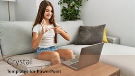  Presentation with language - PPT theme with adorable-girl-having-video-call background and a coral colored foreground