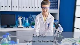  Presentation with scientist - Presentation featuring adorable-girl-scientist-using-laptop background and a light blue colored foreground