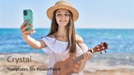  Presentation with selfie - Slides featuring adorable-girl-tourist-make-selfie background and a coral colored foreground