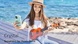  Presentation with ukulele - Presentation theme consisting of adorable-girl-tourist-make-selfie background and a light blue colored foreground