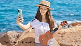  Presentation with ukulele - PPT layouts having adorable-girl-tourist-make-selfie background and a coral colored foreground
