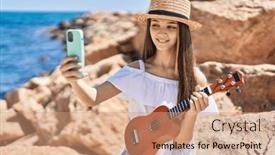  Presentation with ukulele - Slides enhanced with adorable-girl-tourist-make-selfie background and a coral colored foreground