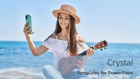  Presentation with ukulele - Slides enhanced with adorable-girl-tourist-make-selfie background and a light blue colored foreground