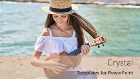  Presentation with ukulele - PPT theme having adorable-girl-tourist-smiling-confident background and a soft green colored foreground