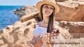  Presentation with ukulele - Presentation theme enhanced with adorable-girl-tourist-smiling-confident background and a coral colored foreground