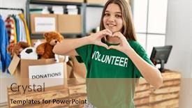  Presentation with hands heart - PPT theme with adorable-girl-wearing-volunteer-uniform background and a coral colored foreground