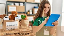  Presentation with charity - Slides having adorable-girl-wearing-volunteer-uniform background and a coral colored foreground