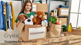  Presentation with charity - PPT theme enhanced with adorable-girl-wearing-volunteer-uniform background and a coral colored foreground