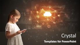 Presentation with cloud technology - PPT layouts having adorable girl working on tablet with cloud technology concept background and a tawny brown colored foreground