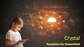  Presentation with cloud technology - Presentation consisting of adorable girl working on tablet with cloud technology concept background and a tawny brown colored foreground