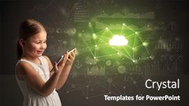  Presentation with cloud technology - Amazing slide set having adorable girl working on tablet with cloud technology concept backdrop and a tawny brown colored foreground
