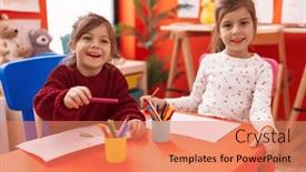  Presentation with preschool - Presentation design with adorable-girls-preschool-students-sitting and a coral colored foreground