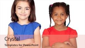  Presentation with business intelligence white robotic arm - PPT theme enhanced with adorable girls with crossed arms background and a coral colored foreground