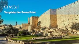  Presentation with pilgrim - Presentation with adorable green lawn growing under ancient walls summer sunset the fortress wall of ancient jerusalem tower of david - old citadel the concept of historical pilgrim and photo tourism background and a teal colored foreground