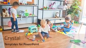  Presentation with toddlers - PPT theme featuring adorable-group-of-toddlers-playing background and a coral colored foreground