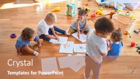  Presentation with toddlers - Cool new PPT theme with adorable group of toddlers sitting on the floor drawing using paper and pencil around lots of toys at kindergarten backdrop and a coral colored foreground