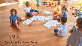  Presentation with toddlers - Amazing PPT layouts having adorable-group-of-toddlers-sitting backdrop and a coral colored foreground