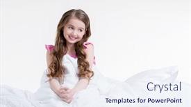  Presentation with pink white - Cool new slide deck with adorable happy little girl in pink nightie awake and sitting on the bed - isolated on white backdrop and a sky blue colored foreground