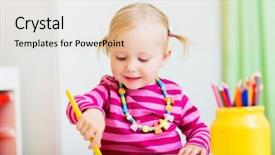  Presentation with early education - Presentation with adorable happy toddler girl drawing with coloring pencils perfect for early education context background and a lemonade colored foreground