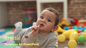  Presentation with wooden stick - Slide deck having adorable-hispanic-baby-biting-wooden background and a coral colored foreground