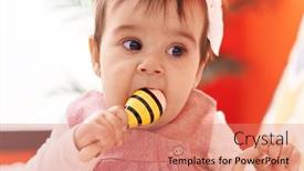  Presentation with baby sitting - Slide deck with adorable-hispanic-baby-bitting-maraca background and a coral colored foreground