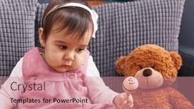  Presentation with baby sitting - Presentation theme having adorable-hispanic-baby-sitting background and a coral colored foreground