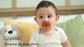  Presentation with baby sitting - PPT theme featuring adorable-hispanic-baby-sucking-pacifier background and a coral colored foreground
