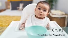  Presentation with baby sitting - Slides having adorable-hispanic-baby-wearing-bib background and a sky blue colored foreground