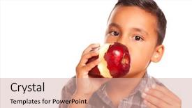  Presentation with eating - Presentation with adorable hispanic boy eating a large red apple isolated on a white background background and a coral colored foreground
