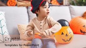  Presentation with halloween candy - Presentation design featuring adorable-hispanic-boy-having-halloween background and a coral colored foreground