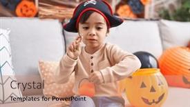  Presentation with halloween candy - Slide set featuring adorable-hispanic-boy-having-halloween background and a coral colored foreground