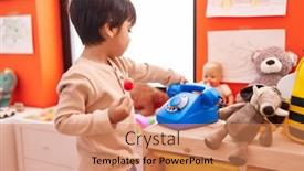  Presentation with lollypop - PPT layouts featuring adorable-hispanic-boy-holding-telephone background and a coral colored foreground