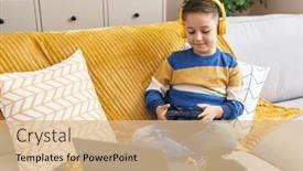  Presentation with video game - Presentation theme enhanced with adorable-hispanic-boy-playing-video background and a coral colored foreground