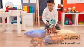  Presentation with dinosaur - Slide deck enhanced with adorable-hispanic-boy-playing background and a coral colored foreground